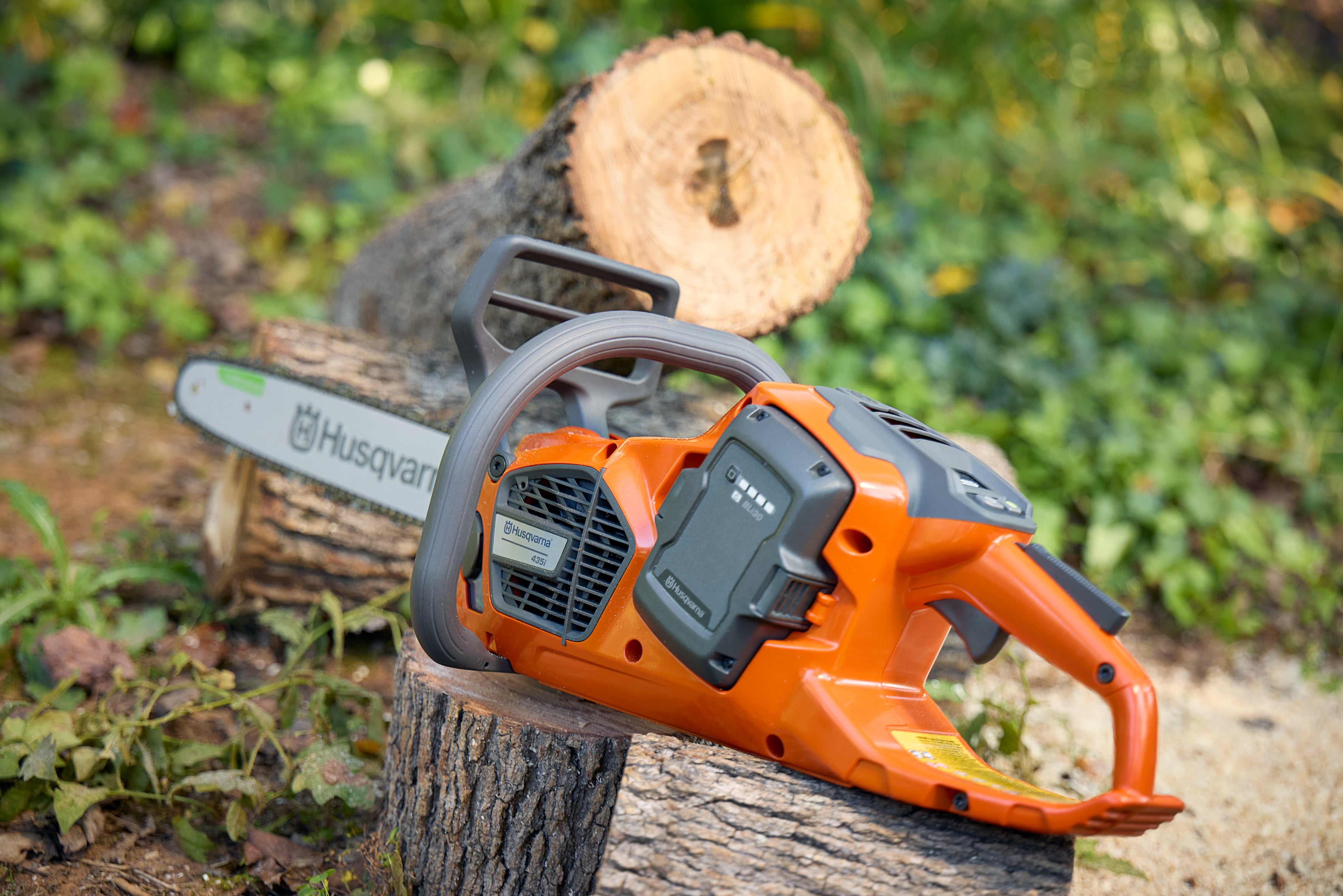 Husqvarna Motorsäge auf einen Baum (Nahaufnahme der Motorsäge)